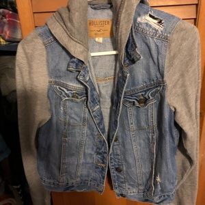 Hollister destroyed jean jacket with sweat s arms